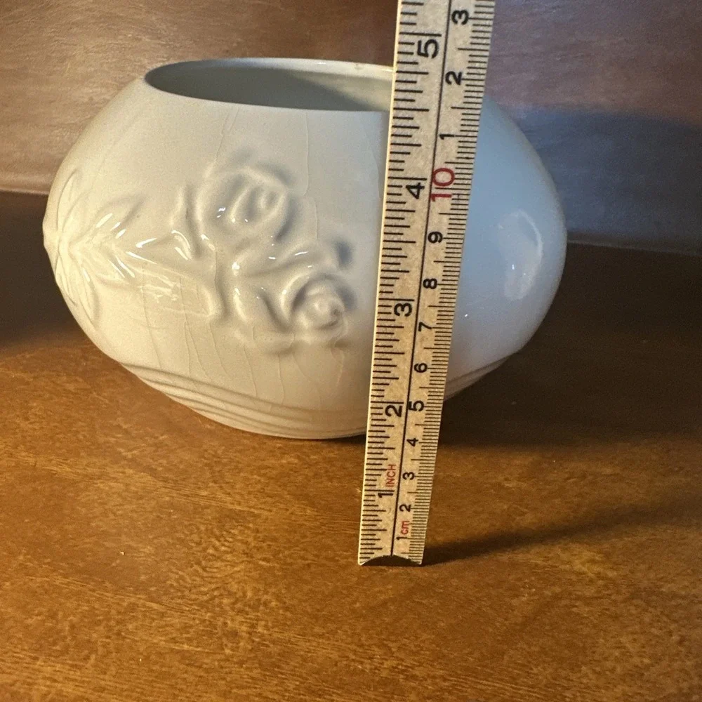 Vintage White Porcelain Embossed Flowers Bowl Vase Portugal 4.5X7